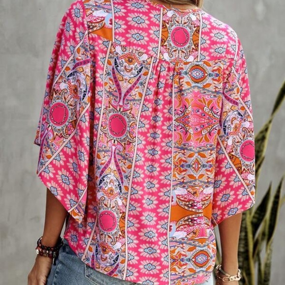 Boho Pink Print Button Oversized Blouse - Picture 4 of 4
